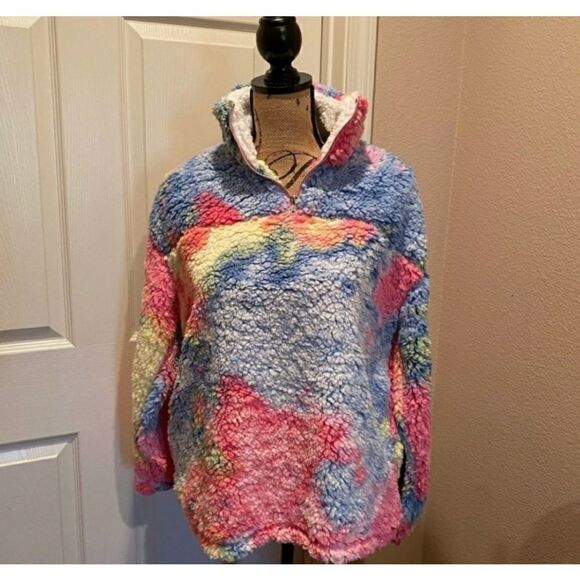 Multi Color Tie Dyed Teddy Pullover Jacket - Sz S - Picture 1 of 4